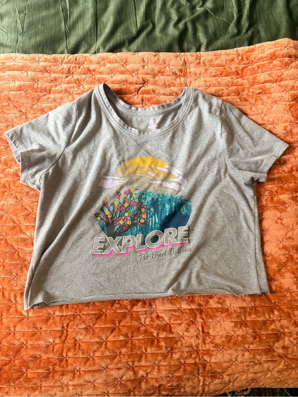 Sonoma Gray 'Explore' Graphic Crop Tee with Teal & Yellow Accents
